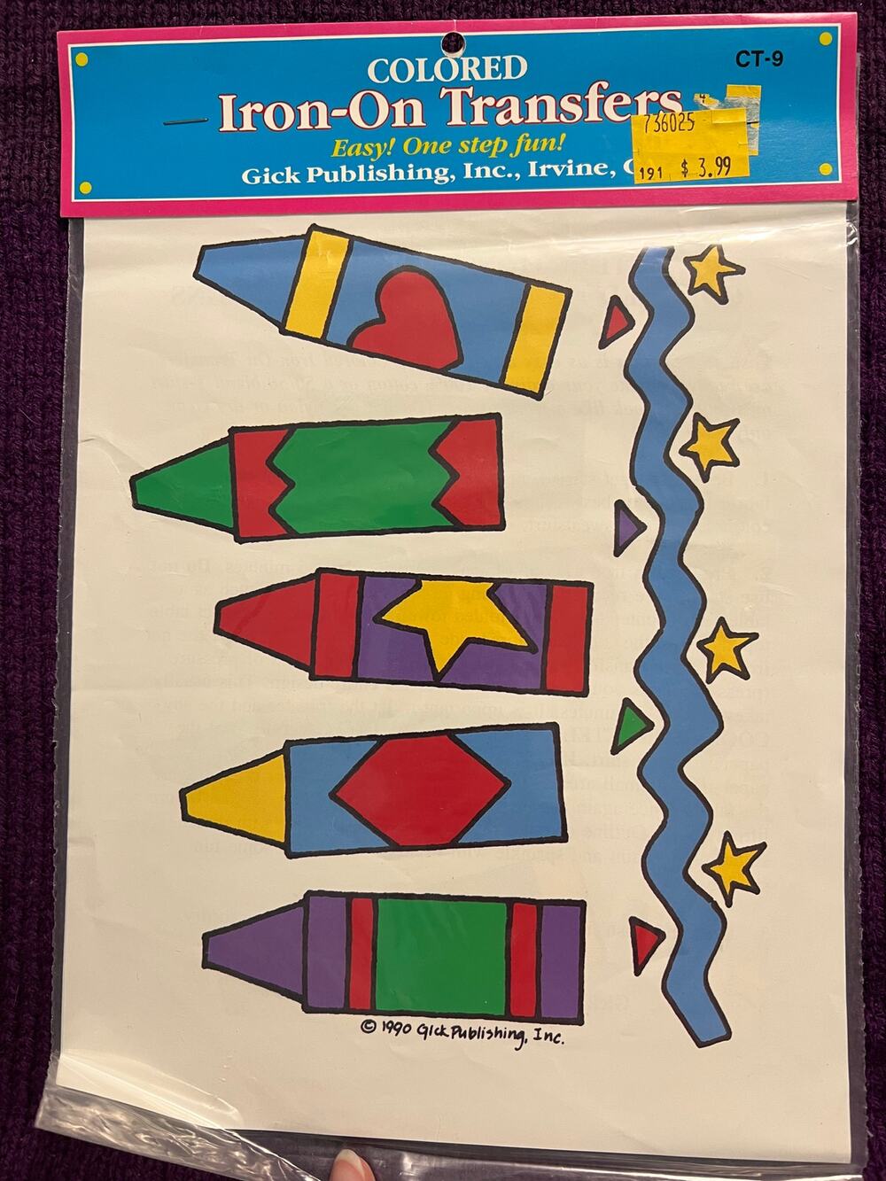 colored iron on transfers crayons cartoon 1990s